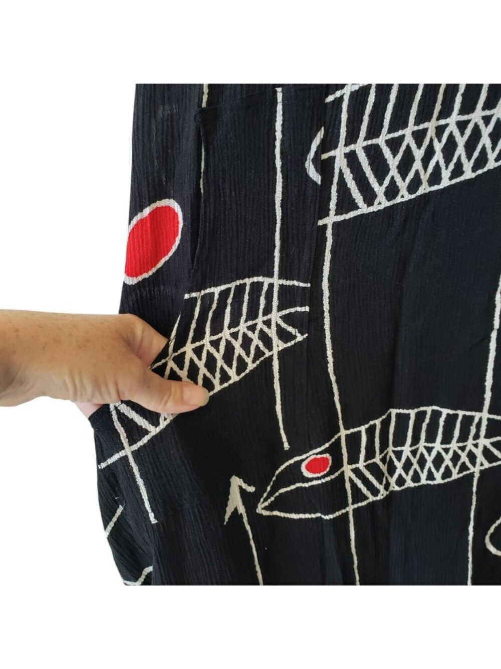 Kaktus Black White Red Fish Print Lagenlook Midi Dress S Boho Art to Wear - Picture 5 of 9